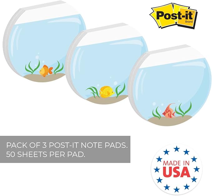 Cute Fishbowl Sticky Note Pad Assortment/Set of 3 Round Flat Top Tropical Fish Note Pads / 3.5" Colorful Sticky Notes / 50 Sheets Per Pad/Made in USA
