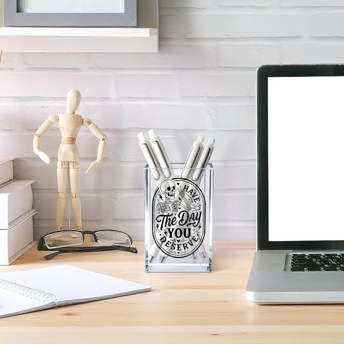 Have The Day You Deserve Acrylic Bookmark Pen Holder for Desk, Funny Sarcastic Skull Desk Organizer for Home Office Decor, Inspirational Quote Gifts for Women Men Coworkers, Back to School Gifts