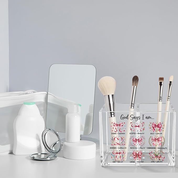 Pink Bow Girly Inspirational Christian Acrylic Cosmetic Pencil Pen Holder Cup Cute Religious Gifts for Girl Women God Says I Am Preppy Decor for Home Office Desk Vanity Organizers and Accessories