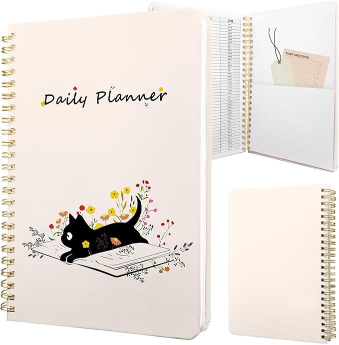 Stanoha Undated Daily Planner - Spiral Notebook 80 Days One Day Per Page, Hourly Schedule, To-Do List, Notes, Everyday Planning Task, A5 Hardcover Journal Organizer Book Women Cute Aesthetic, Cat
