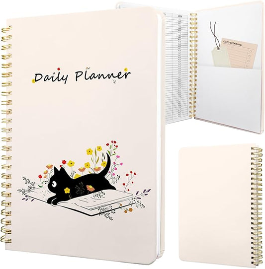 Stanoha Undated Daily Planner - Spiral Notebook 80 Days One Day Per Page, Hourly Schedule, To-Do List, Notes, Everyday Planning Task, A5 Hardcover Journal Organizer Book Women Cute Aesthetic, Cat