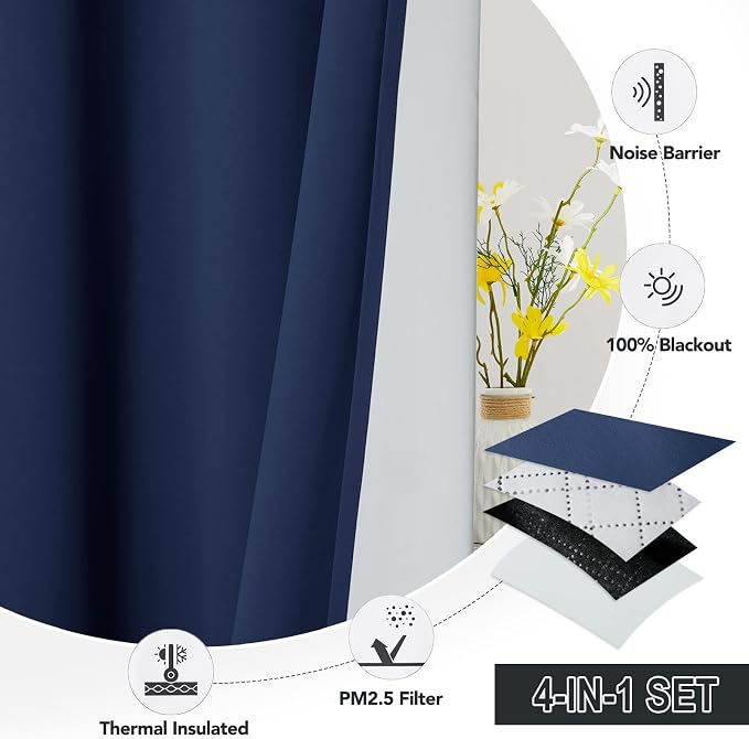 RYB HOME Dustproof Curtains for Large Window, Soundproof Thermal Insulated Blackout Curtains for Sliding Glass Door Furance Office Dorm Bedroom Living Room, Navy Blue, W62 x L95 inch, 2 Panels