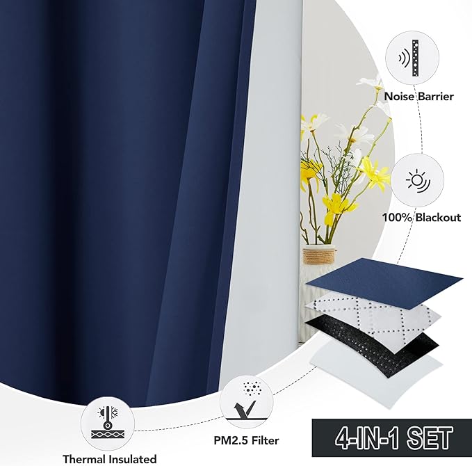 RYB HOME 4-in-1 Dust Filtering Curtains, Mountain Fires Smog Filter Drapes with Melt-Blown Fabric Noise Reducing Window Curtains for Nursery Bedroom, W52 x L84 inch, Navy Blue?2 Panels