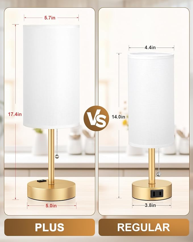 Fenmzee Plus Gold Bedside Lamps Set of 2-3 Color Temperatures Pull Chain Lamp with AC Outlet Charging Port, Round Night Stand Lamps for Bedroom, Bed Side Light with E26 LED Bulbs