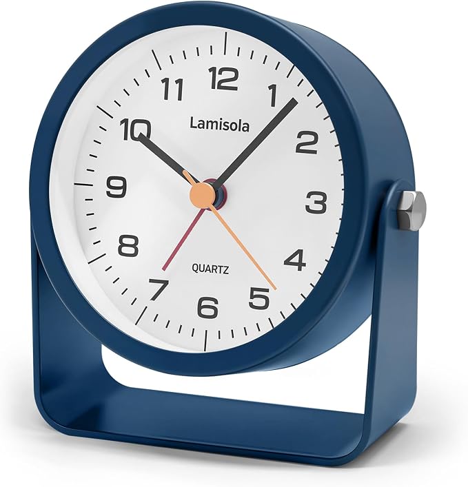 Lamisola 3.5 Inch Small Desk Battery Clock, Alarm Clock for Bedroom, Blue | Travel Clock for Bathroom Table Shelf Bedside, Cute Metal Vintage