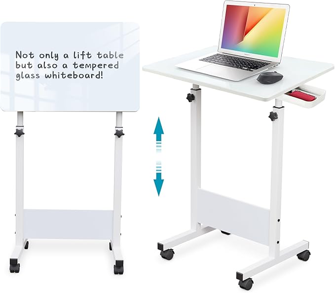 KOUPA Adjustable Height Standing Desk, 31 in Writable Tempered Glass Desktop with Eraser, 360° Flip, Wheels – Ideal for Small Spaces and Home Offices, White(Adjustable Height: 32-47 in)