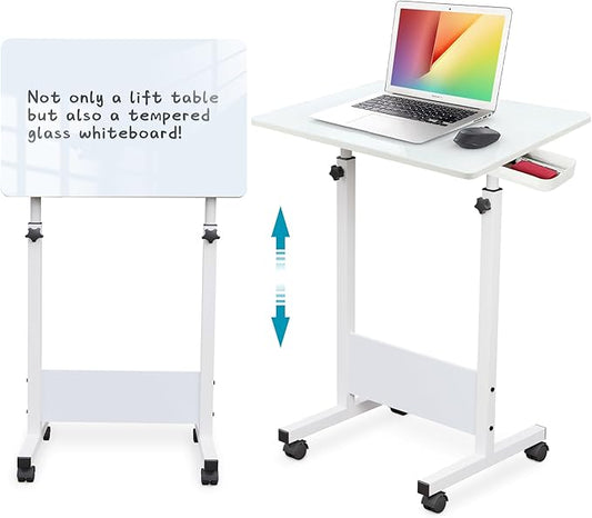 KOUPA Adjustable Height Standing Desk, 31 in Writable Tempered Glass Desktop with Eraser, 360° Flip, Wheels – Ideal for Small Spaces and Home Offices, White(Adjustable Height: 32-47 in)