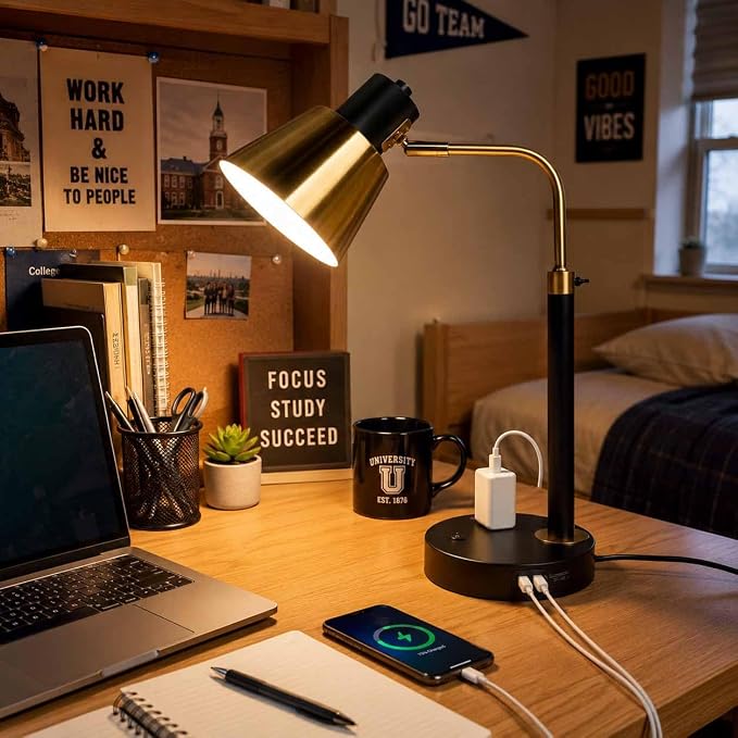 Desk Lamp with USB-C, USB-A & AC Outlet, Adjustable Metal Desk Lamp with 340° Swivel Lamp Head, Heavy Duty Table Lamp for Home Office, Bedroom & Reading, Black with Brass Accents (Bulb Not Included)