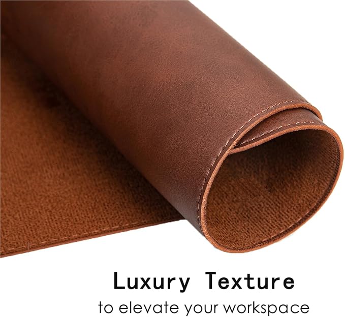 Soft Anti-Curl Faux PU Desk Mat 23.6"x13.8", Waterproof Heat Safe Non-Slip Vintage Desk Pad, Stitched Edge Wipeable Tear Resistant Desktop Protector for Work from Home Office (Brown)