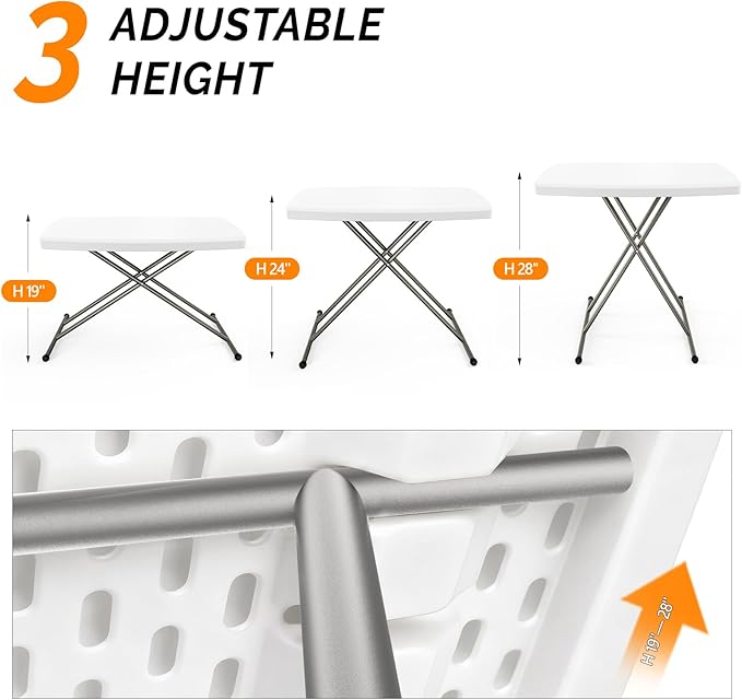 VINGLI Small Adjustable Folding Table, 13.8 in-28 in Height Personal Laptop TV Tray, HDPE Plastic Top with Steel Frame, 30 inch, White