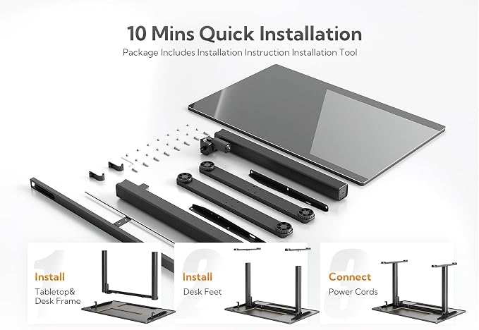 Claiks 40x24 Inch Black Glass Standing Desk | Adjustable Height, Tempered Glass Top, Stand Up, Quick Install, 3 Memory Presets
