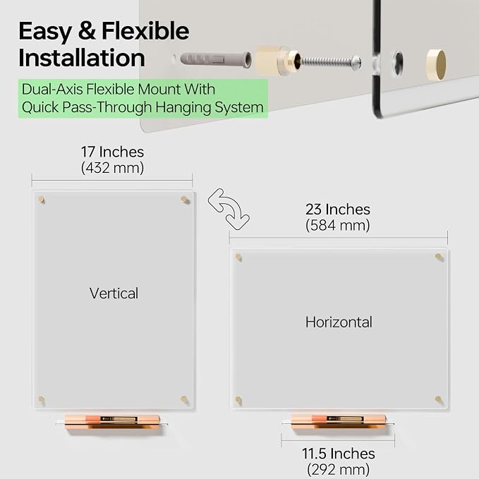 YEOUX Glass Dry Erase Whiteboard - 17x23 Ultra Clear Glass White Board for Wall with Wooden Based Floating Marker Tray, Non-Magnetic Writing for Kitchen, Home and Office.