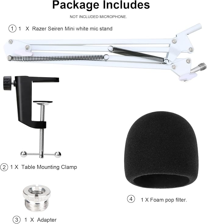 YOUSHARES Razer Seiren Mini Boom Arm with Pop Filter - Mic Stand with Foam Cover Windscreen Compatible with Razer Seiren Mini Streaming Microphone(White)