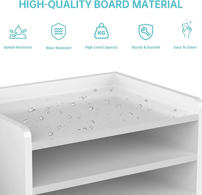 Multi-Tier Wood Desk File Organizer with Side File Rack, 3 Tray Shelves & Adjustable Drawer - Space-Efficient Design Easy to Assemble for Efficient Office Setup, Reduces Desk Clutter (White)