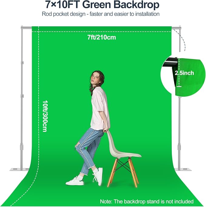 Green Screen Backdrop, 7×10FT Photography Chromakey Greenscreen Background Sheet for Zoom Meeting, Polyester Fabric Cloth Curtain for Photo Video Studio, Party, Live Streaming, Photoshoot