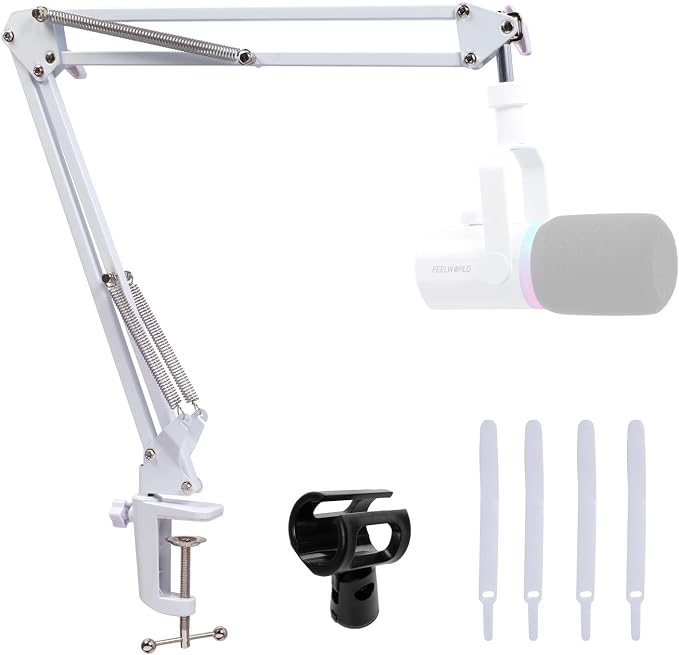 FEELWORLD AMS1 Microphone Boom Arm, Adjustable Mic Arm Stand with 3/8” to 5/8” Screw, Compatible with PM1 and other Mics for Podcast Straming Gaming Studio (White)