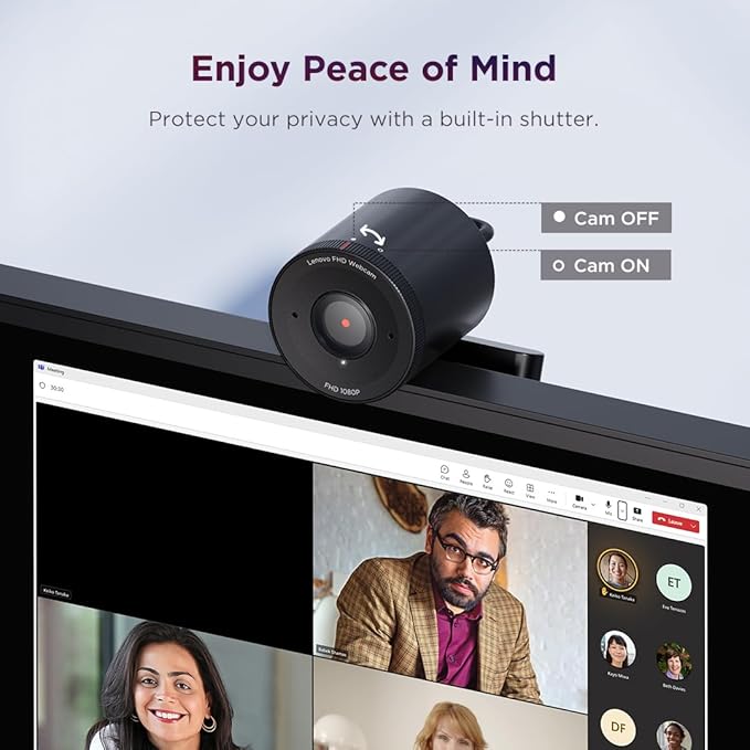 Lenovo FHD Webcam, 1080p Resolution, 30 fps, Dual Noise-Cancelling Microphones, AI Noise Cancellation and Enhanced Image Quality, Physical Privacy Shutter, Microsoft Terms Certified, Black
