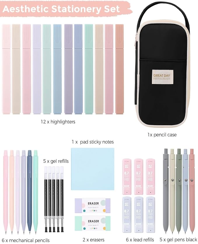 SKYDUE Aesthetic School Supplies Kit, 38 PCS Stationery Set with Large Pencil Case, Pens, Mechanical Pencil Set, Highlighters, Sticky Notes & Refills for Students, College & Back to School Black
