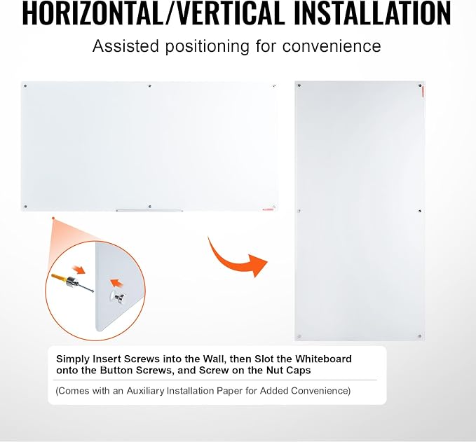 VEVOR Magnetic Glass Writing Board, Erasable 72"x36" Surface, Frameless Wall Installation, Includes Marker Holder, a Cleaning Tool, and 2 Writing Pens, White
