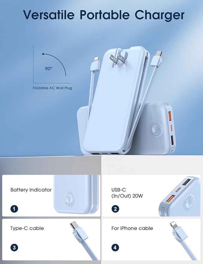 Nusyddy Portable Charger 10000mAh PD20W w/Built-in Cables & Wall Plug Blue | PD20W Fast Charging, Battery Indicator, Pass Through Charging, TSA Approved, Compact/Slim, Power Bank for iPhone/iPad/Samsung