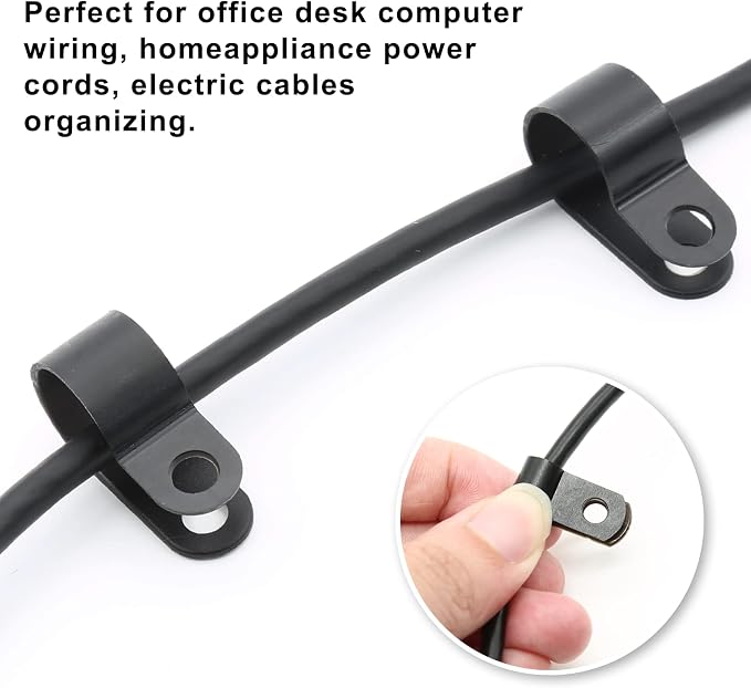 1/2 Inch Nylon Cable Clamps, Black, 60pcs R-Type Wire Cable Clips | M4 Screws Included, Screw Mounting Cord Fastener, Wire Conduit Clamp, for Wire Management