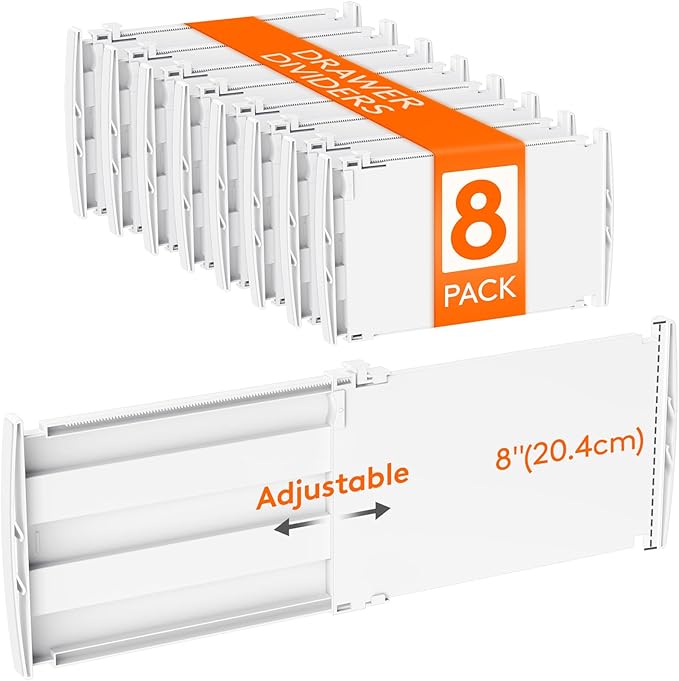 Lifewit 8" Tall 8 Pack Drawer Dividers, 13.8"-22.2" Adjustable Deep Drawer Organizer Clothes, Expandable White Plastic Separators for Dresser, Kitchen, Cabinet, Closet, Office Organization & Storage