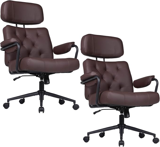 Mid Century Modern Home Office Desk Chair, Ergonomic Office Chair Big and Tall, High Back Executive Office Chair Leather Extra Wide, Computer Chair Comfy, Adjustable Height Rolling Chair, Brown 2PC
