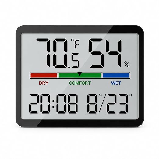 Digital Hygrometer Indoor Thermometer, Clock with Temp & Humidity, Temp Gauge with Comfort Indicator, Wall/Magnetic/Desk Alarm Clock for Bedroom, Baby Room, Office, Kitchen, Garage (Black)