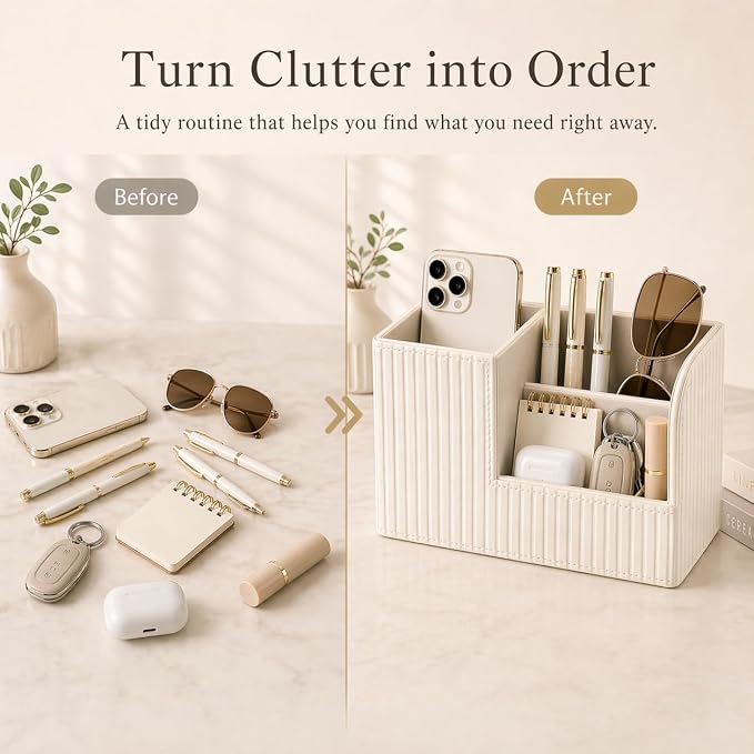 KINGFOM Desk Pen Organizer Office Supplies Caddy Pu Leather Multi-function Storage Box Pen/Pencil,Cell phone, Business Name Cards Remote Control Holder (Ivory White)