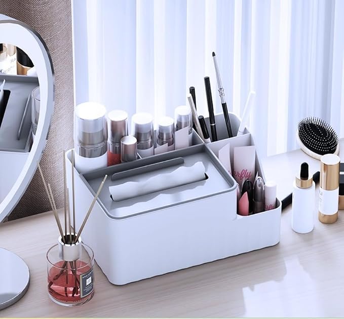 Modern Desktop Tissue Box Organizer with Phone Stand, Pencil Holder, White, Multi-Compartment Storage for Office, Makeup, Stationery (White)
