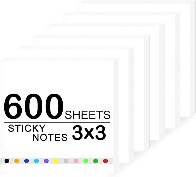 Super Sticky Notes,6 Pads Self-Stick Note Pads 3 x 3 in,600 Sheets Total Sticky Notepad Bulk Post,Office Supplies,School Supplies,Christmas Decor (White, 6 Pads Sticky Notes 3x3)