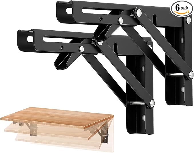 Ravinte 6 Pack 8 Inch Folding Shelf Brackets – Matte Black, Heavy Duty Collapsible Brackets for Tables and Benches – Space-Saving Design