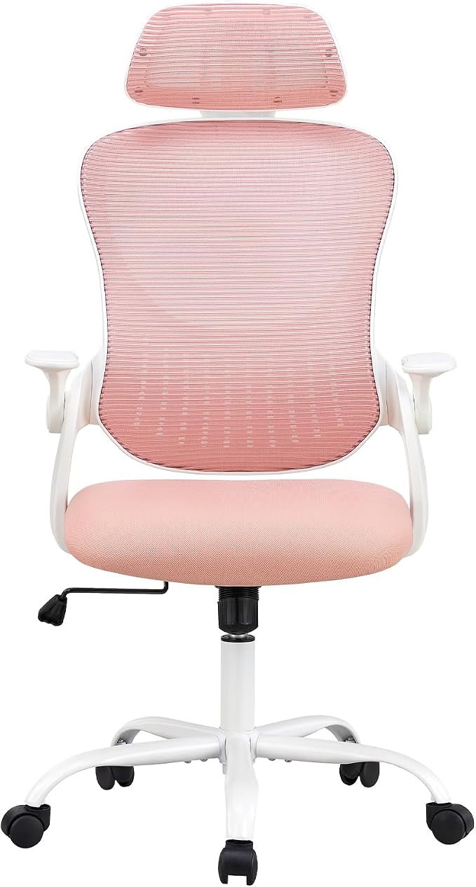 Pink Ergonomic Office Chair, High Back Mesh Desk Chair with Adjustable Headrest Lumbar Support, Computer Chairs with Flip-up Armrests and Thickened Cushion for Adults Home Office, 360° Swivel