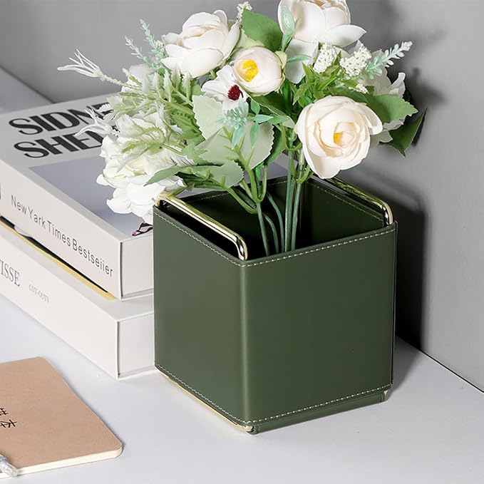 PU Leather Desktop Organizer for Pens, 4.3" Compact Size Green | Cotroller, Keys, Glasses, Makeup Brushes Holder, Multipurpose Table Caddy Storage for Office & Home Decor