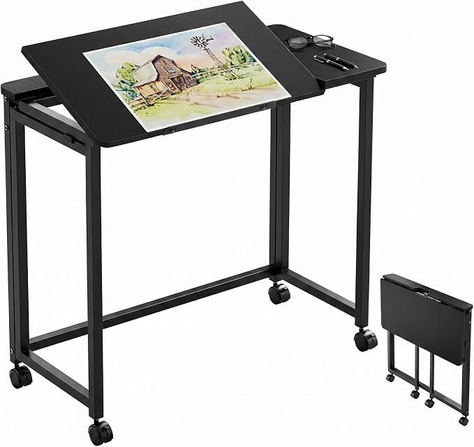 GreenForest Folding Desk with Wheels, 31.5 Inch Adjustable Tilt Drafting Table, Portable Rolling Foldable Desk for Small Space, Home Office, Drawing & Craft Workstation, Black