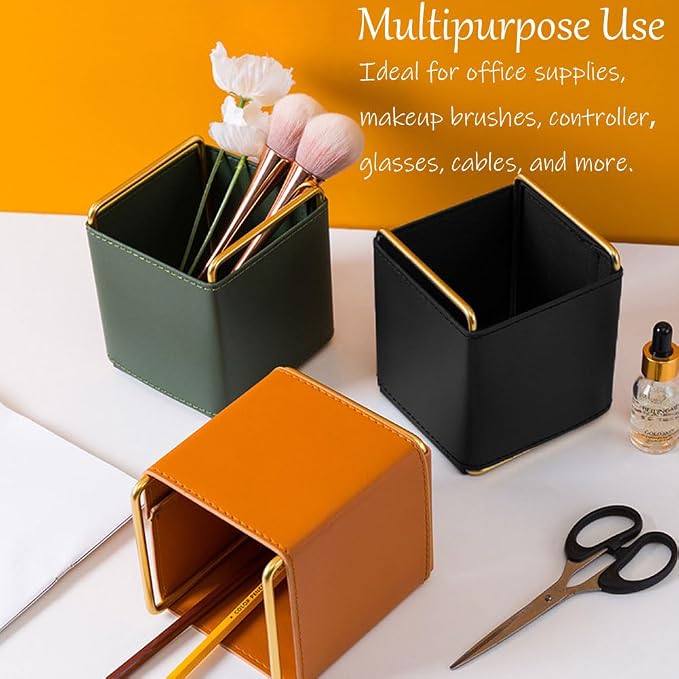 PU Leather Desktop Organizer for Pens, 4.3" Compact Size Brown | Cotroller, Keys, Glasses, Makeup Brushes Holder, Multipurpose Table Caddy Storage for Office & Home Decor