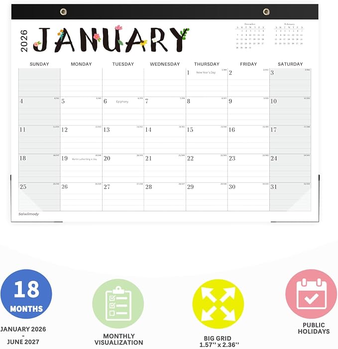 Desk Calendar 2026, 18 Months Calendar Runs from January 2026 to June 2027 Large 17 x 12 inch Desktop or Wall Monthly Calendar Planner for Home School or Office, Black