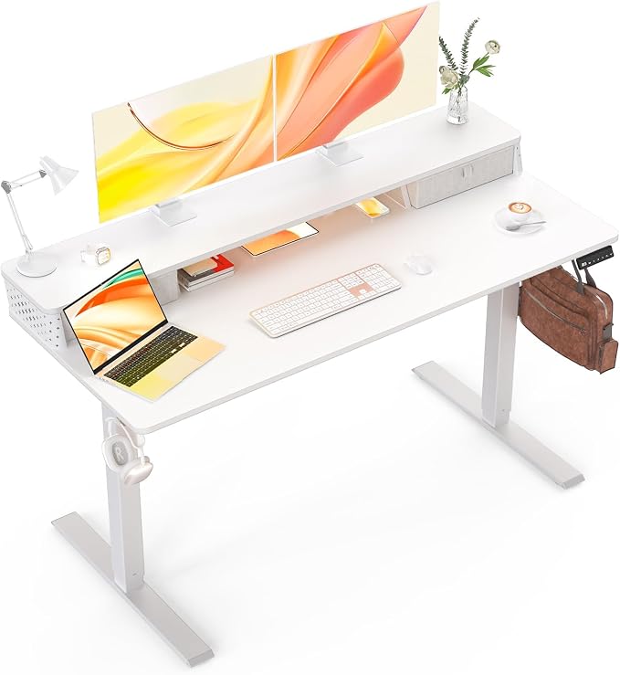 Electric Standing Desk with Two Drawers,55 x 24 Inch Sit Stand Desk Adjustable Height, Stand Up Desk with Storage Shelf, Computer Workstation for Home Office, White