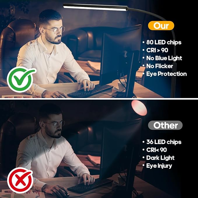 LED Desk Lamp with Clamp, 5 Color Modes & 10 Brightness Levels, Eye-Caring Desk Light, Flexible Gooseneck, Memory Function, Adapter Included for Home Office, Reading & Study