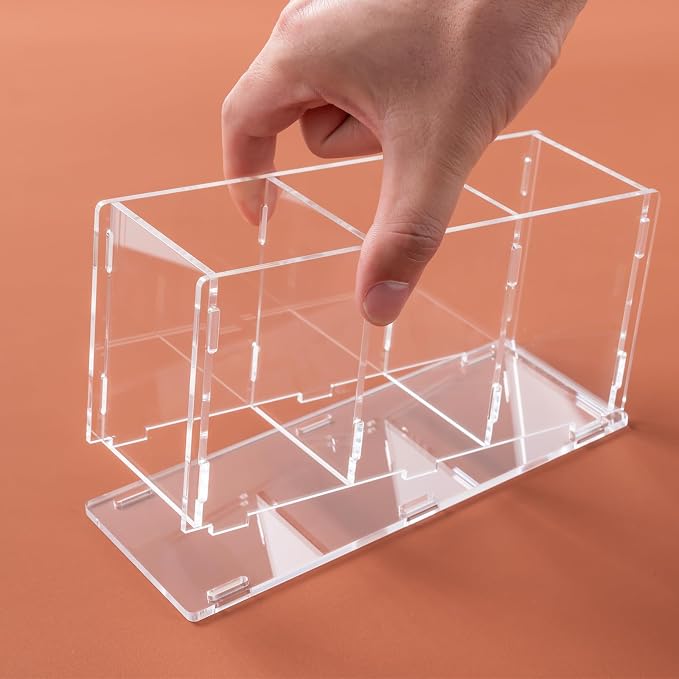 Clear Acrylic Desk Organizer, Premium pencil holder for desk 3 Slot Desktop Pen Holder Caddy for Makeup Organizer for Office, Bedroom, Bathroom & Kitchen (1, CLEAR)
