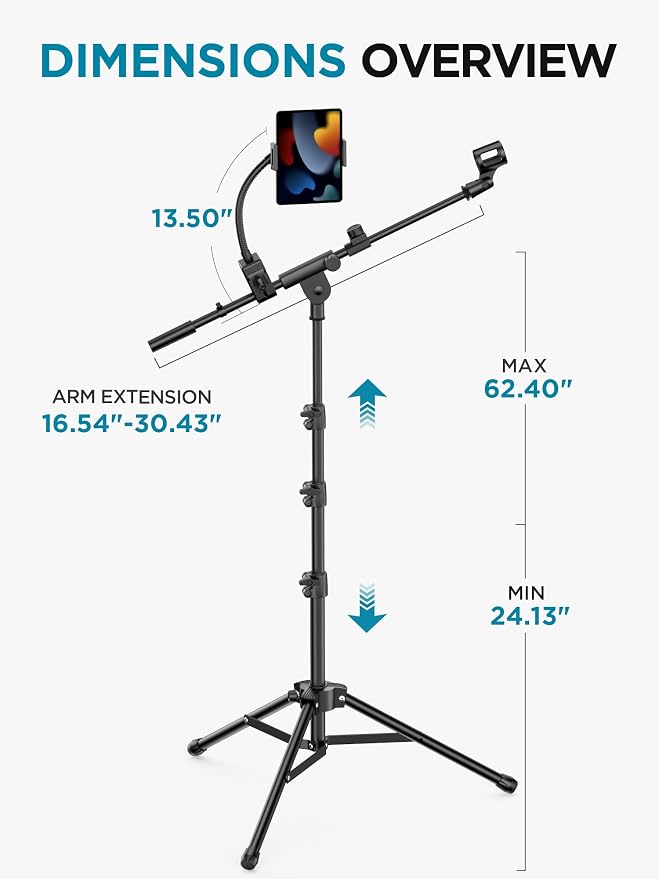 InnoGear Microphone Stand Floor, Adjustable Tripod Boom Mic Stand with Tablet Phone Holder Carrying Bag 2 Mic Clips 3/8" to 5/8" Adapter for Blue Yeti SM58 SM48 Fifine K669B, Podcast Singing Stage