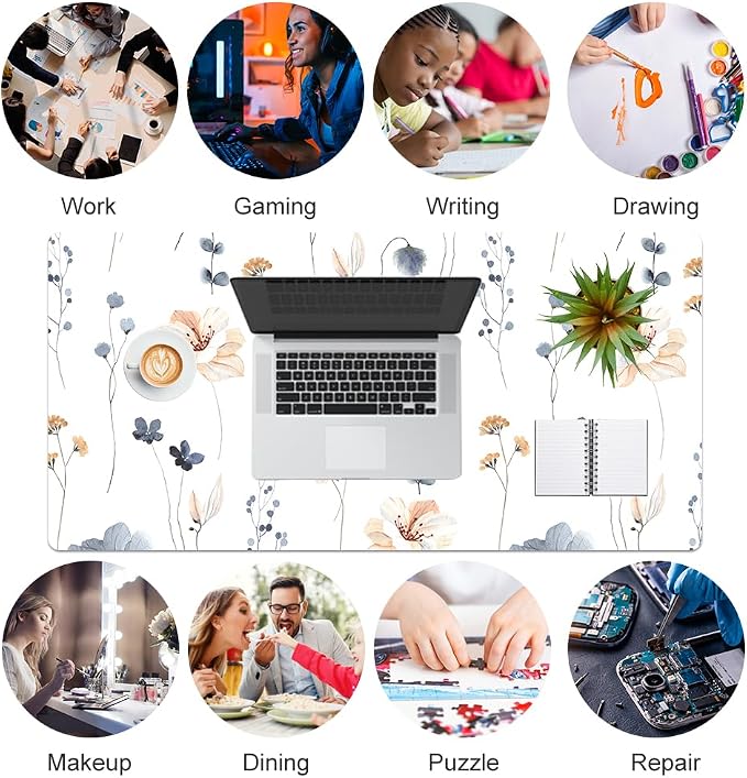 QIYI Large Mouse Pad, Floral Desk Mat for Desktop, Women Girls PU Leather Waterproof Gaming Mousepad, Computer Laptop Flower Desk Accessories Protector Writing Pad for School Office Home 31.5" x 15.7"