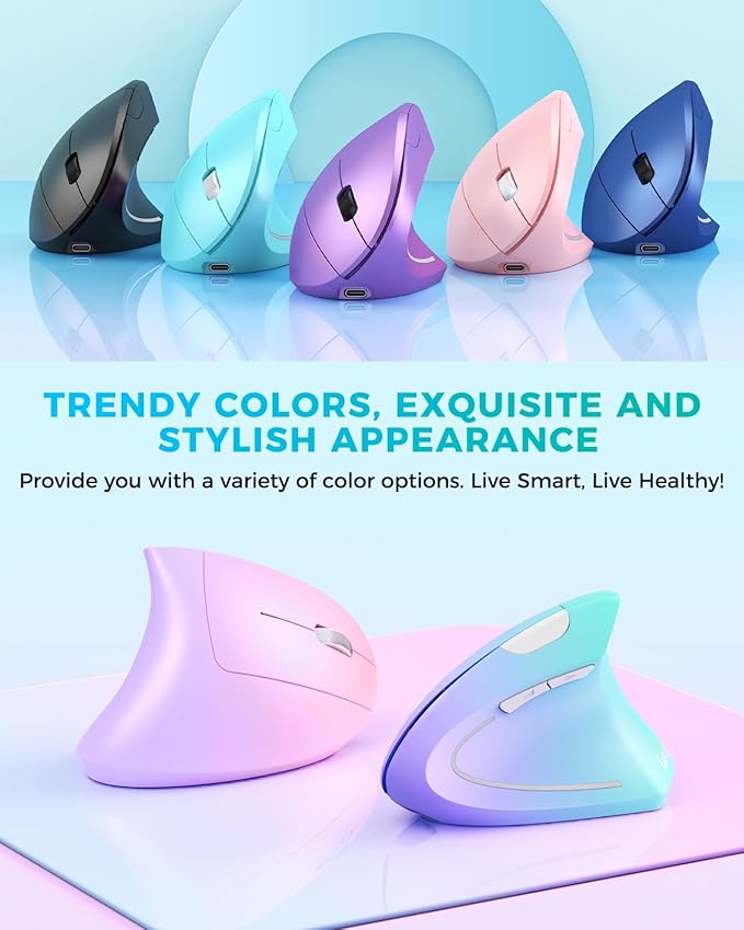 Lekvey Ergonomic Mouse, Vertical Wireless Mouse, Rechargeable 2.4G Optical Carpal Tunnel Mice: 800/1200 / 1600 DPI, 6 Buttons, for Laptop, PC, Mac, Computer, Desktop, Notebook etc, Green Purple