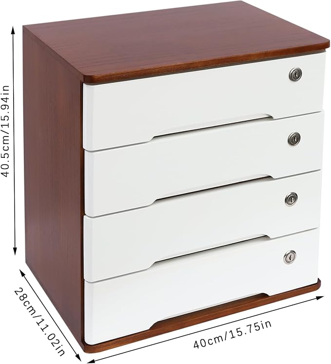 4-Tier Desktop Storage Box with Lockable Drawer, Wooden Desk Organizer for Office Supplies, Flat File Cabinet, Minimalist Design for Home & Office Use(Walnut+White)