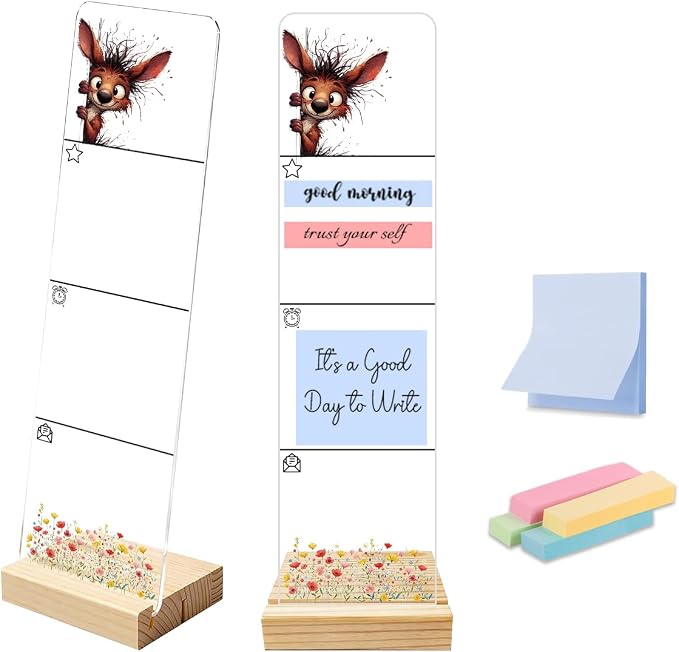 Sticky Note Holder, Monitor Memo Board, Acrylic Post It Note Holder with Wooden Base, Includes 200 Notes, Desk Organizer for Office, Rabbit Design