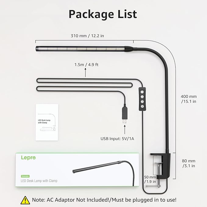 Lepro Clip on Desk Lamp LED Reading light Dimmable USB Small Clamp Lamp with 3 Color Modes 10 Brightness, Adjustable Flexible Gooseneck Table Light for Bed Headboard, Nail, Home Office,Computer(Black)