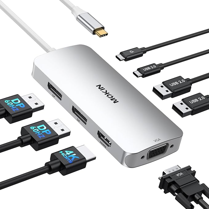 USB C Docking Station Dual DisplayPort, 8 in 1 USB Hub with 2 DP, HDMI, VGA, USB C 2.0, A 2.0, PD Charging Port, Multi Monitor Adapter for Dell/HP Laptops, Silver