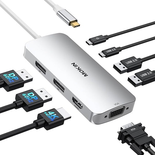 USB C Docking Station Dual DisplayPort, 8 in 1 USB Hub with 2 DP, HDMI, VGA, USB C 2.0, A 2.0, PD Charging Port, Multi Monitor Adapter for Dell/HP Laptops, Silver
