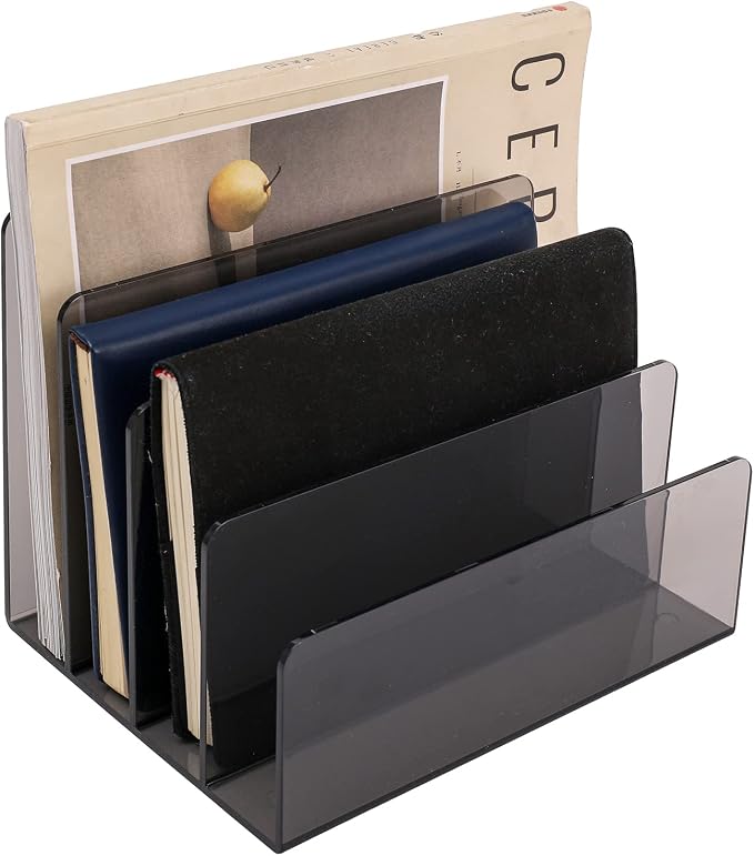 Sooyee 4 Compartment Acrylic File Organizer Holder Folder Organizer for Desk,Office Decorations for Work,Clear Black