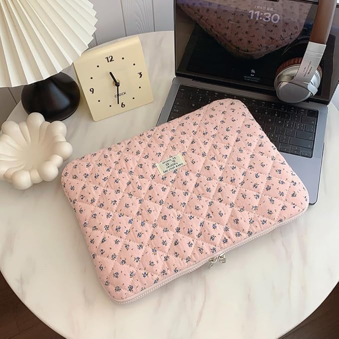 Cute Laptop Sleeve 13-15 inch Laptop Case Aesthetic Quilted Laptop Sleeve Computer Bag with Flower Printing for MacBook (A-Pink, 13inch)